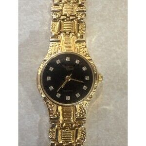 Vtg Medana ROYALE Ladies Diamond Gold Tone Nugget Style Watch 7.5" NEEDS BATTERY